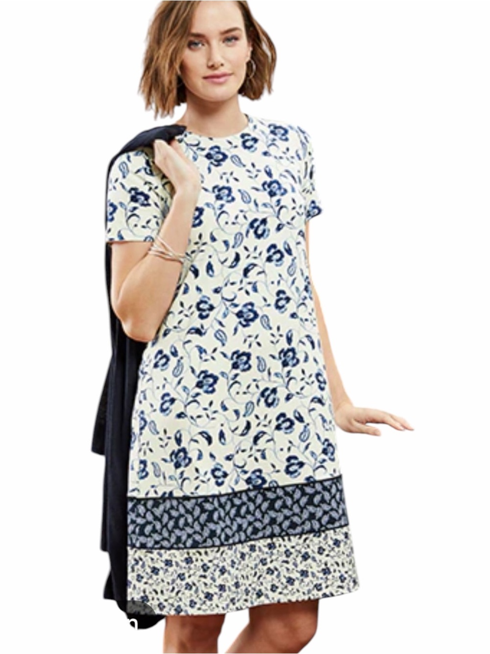 J. Jill Wearever Blue White Floral Border Print Shift Dress S